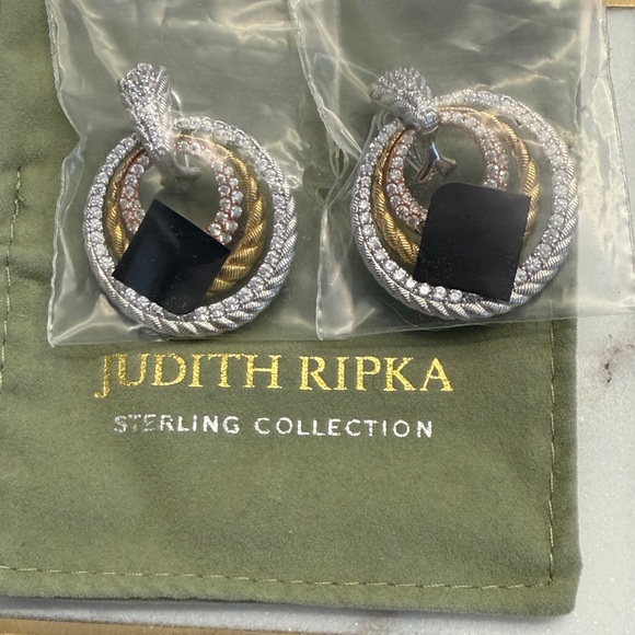 Judith Ripka Sterling Silver Tri-Color Multi-Hoop Door Knocker Earrings CZ - Picture 6 of 6